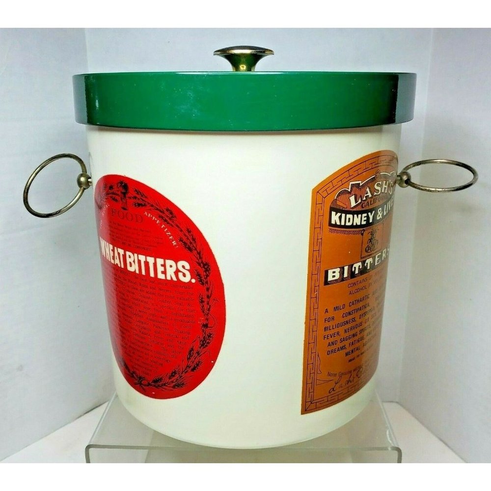 Vintage OOAK Ice Bucket medicinal bitters Labels Dr Jacob's Lashs Mishlers Wheat